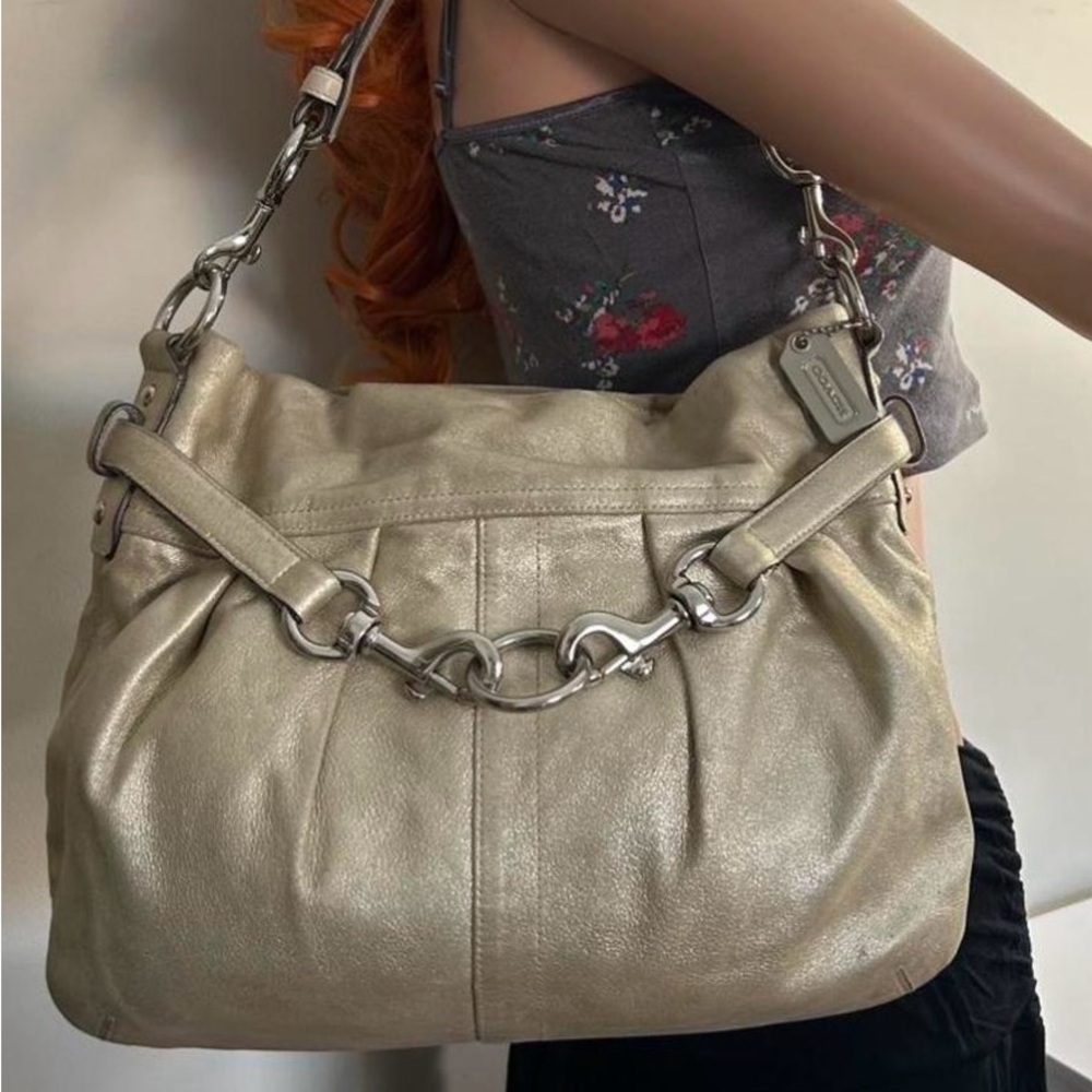 Coach Metallic Taupe Shoulder Bag with Chain Detail